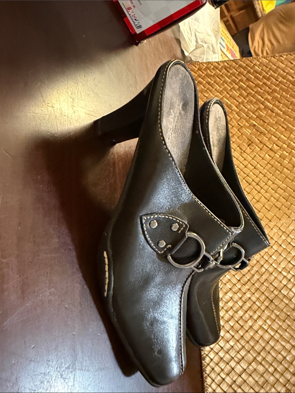 AEROSOLES Black Slip-On Heeled Mules with Ring Accent